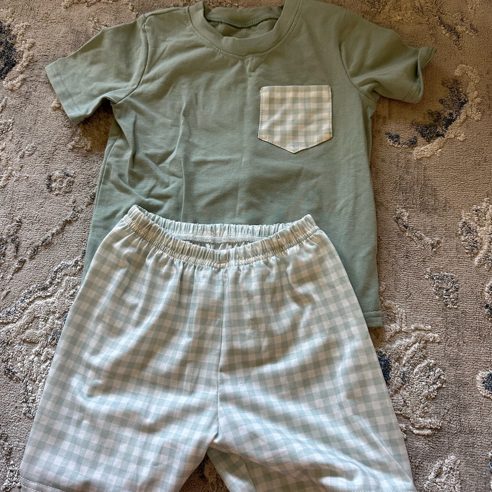 Kids Green Pocket Short Pajama Set - Sage Plaid Shorts